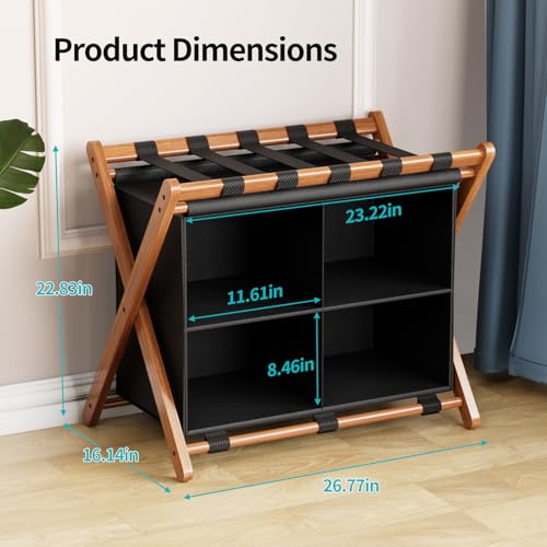 Walnut Bamboo Luggage Rack 2 Pack with 4 Storage Compartments, Foldable Suitcase Stand