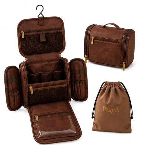 PageA Men's Travel Toiletry Bag - Compact Hanging Dopp Kit with Water-Resistant PU Leather