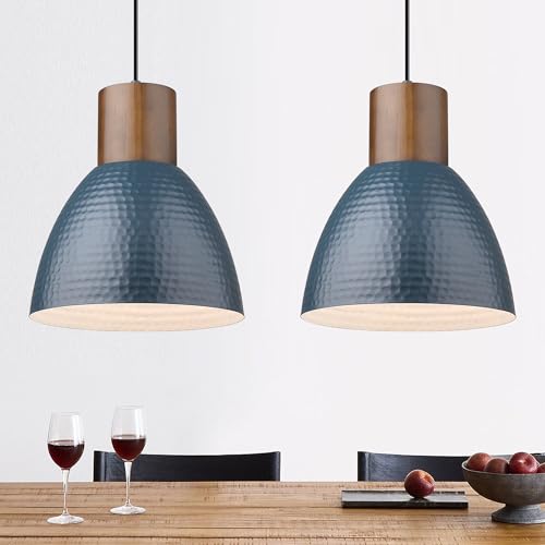Blue 2 Pack Modern Hammered Pendant Lights - Adjustable Wood & Metal Fixture for Kitchen & Dining