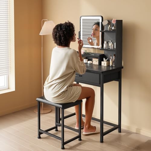 Black Makeup Vanity Desk with Mirror & LED Lights, Small Storage, Fabric Drawer - 23.6in