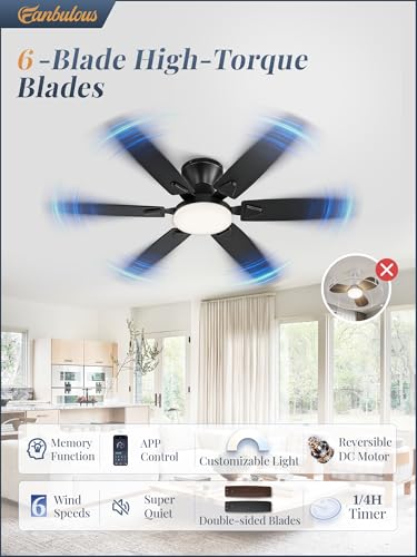 Fanbulous 52-Inch Flush Mount Ceiling Fan with Light, Remote & App Control - Black