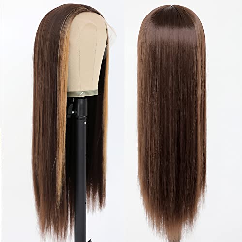 Brown Hair Color Lace Front Wig 24 Inch Long Straight Hair with Honey Blonde Highlights - Variation F27P