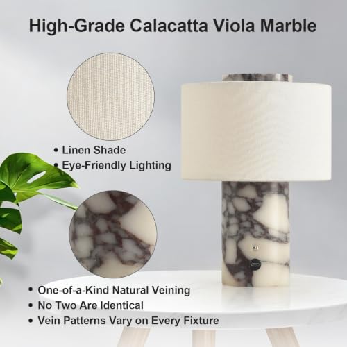 Calacatta Viola Marble Cordless Dimmable Table Lamp - Touch Control, 4000mAh