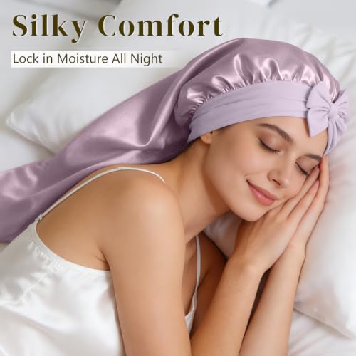 Purple Mulberry Silk Sleep Bonnet for Women - Long Hair Protection