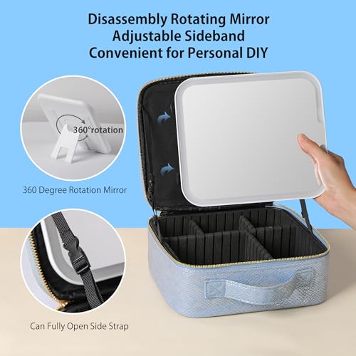 Portable Travel Makeup Bag with Mirror and Light - 3 Colors,Adjustable Brightness Spacious Cosmetic Organizer,Mermaid Shine Blue