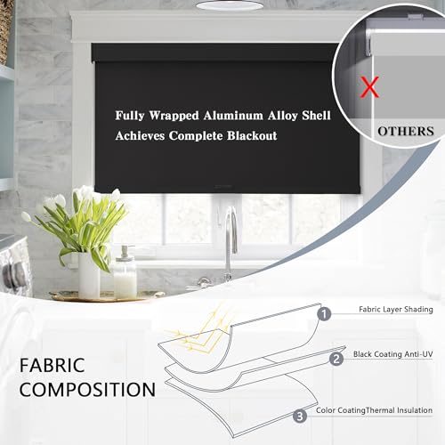Cordless Blackout Roller Shades - 46 x 72 Inches, Black, Child Safe