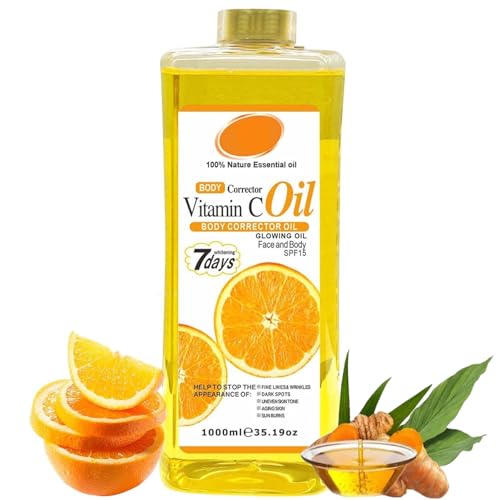 Vitamin C Body Oil, 1000ml Tumeric Body Oil, Retinol Vitamin C 7days, Vit C Body Corrector Oil for Uneven Skin Tone (1000ML VC)