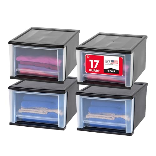 IRIS USA 17 Qt 4-Pack Medium Stackable Drawer Storage Organizer Black