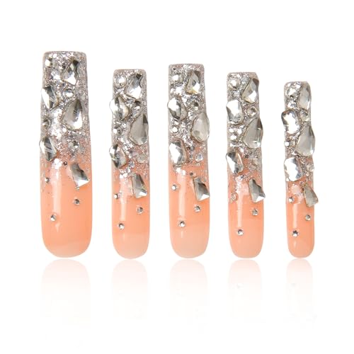 LOVFUL Stunning Bling Nails,Crystal Detailed Diamonds Press On Nails | Custom Shape | Glitter Rhinestone Nails | Gradient Pink Fake Nails| Square Long 2.2 in | H126 (S)