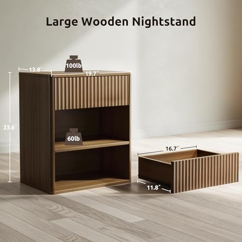Nightstand Bedside Table with Drawer & Open Shelf - Walnut Brown, Large Mid Century Modern Night Stand with Fluted Wood Storage, Set of 1