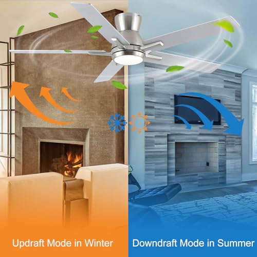 52-Inch Brushed Nickel Flush Mount Ceiling Fan with Remote & Light - Reversible Blades