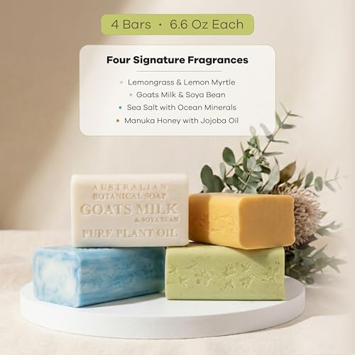 Australian Botanical Soap 4 Pack Luxury Bar Soaps with Manuka Honey & Sea Salt, 6.6 OZ Each