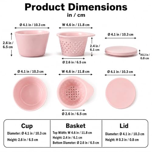 Pink Ceramic Denture Cleaning Cup with Lid & Removable Basket - Hygienic Soaking Container