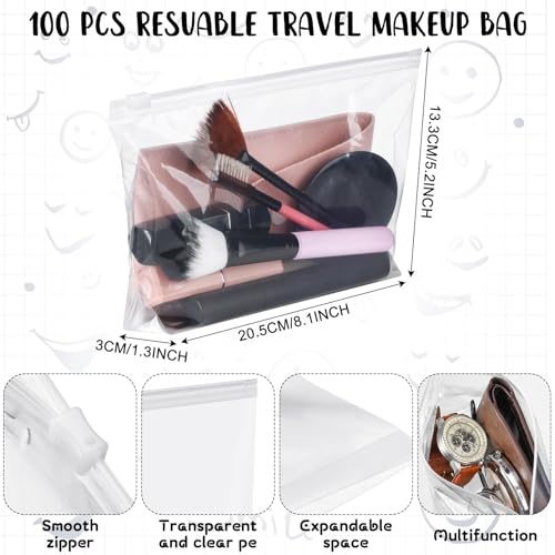 Bokon 100 Pcs Small Toiletry Bags Bulk, 5.12 x 8.11 Inches Clear Cosmetic Makeup Bags with Zipper Travel Pouches for Women Waterproof Transparent PE Storage Organizer for Swimsuit Bikini Vacation