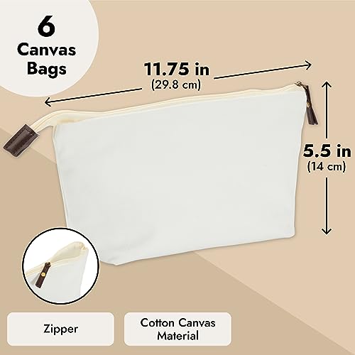 6 Pack Juvale Canvas Makeup Bags - 11.75 x 5.5 Inches Travel Cosmetic Pouches, White Cotton, Zipper Closure, DIY & Bridesmaid Gifts