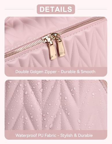 Travel Makeup Bag for Women - Pink Large Capacity Cosmetic Organizer with Divider & Handle