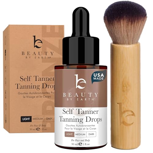 Self Tanning Drops & Kabuki Face Brush - Made with Natural and Organic Ingredients, Light Face Tanning Drops to Add to Lotion, Moisturizing Bronzing Drops for Face & Body, Toxin Free Face Tanner