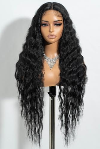 30 Inch Wavy Lace Front Wig for Women - Deep Part Natural Hair with Baby Hair - Black Variation