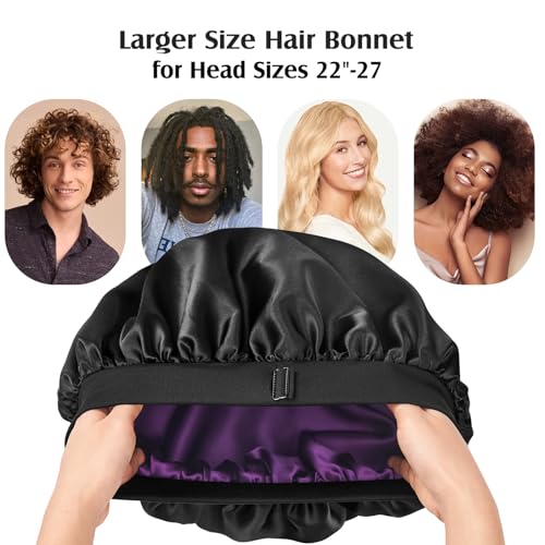 YFONG Silk Lined Sleep Bonnet for Women & Men, Double Layer Adjustable Black & Purple