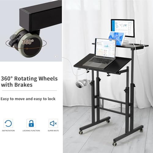 Black Adjustable Mobile Standing Desk with Charging Station & Wheels - 23.6"