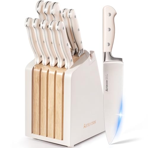 Cream White 12-Piece Kitchen Knife Set with Block & Sharpener - Full Tang Stainless Steel, Ergonomic Handles
