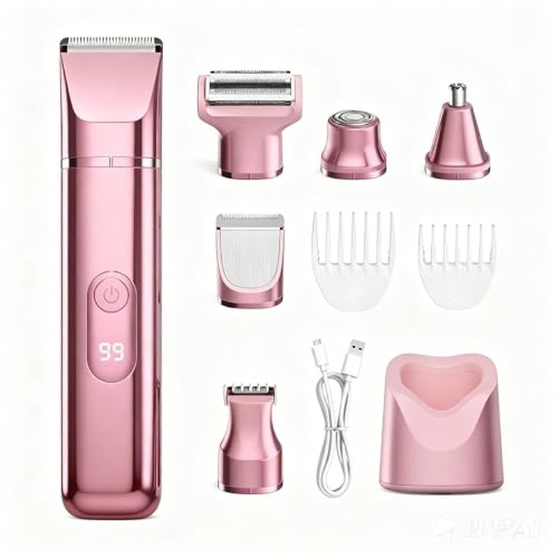 5-in-1 Electric Bikini Trimmer for Women ? IPX7, Painless Electric Razor & Shaver with Dual Blades, Women Pubic Facial Nose Body Leg Hair Removal, USB Recharge Dock, Waterproof Hygiene Razor
