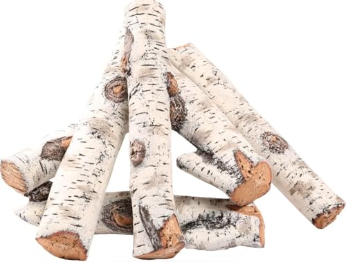 Large 6-Piece White Birch Ceramic Gas Fireplace Logs for Indoor & Outdoor Fire Pits