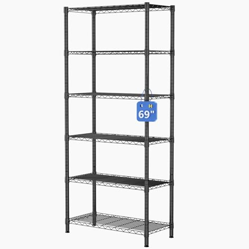 6-Tier Adjustable Metal Wire Shelving Unit - Black, 12"D x 22"W x 69"H
