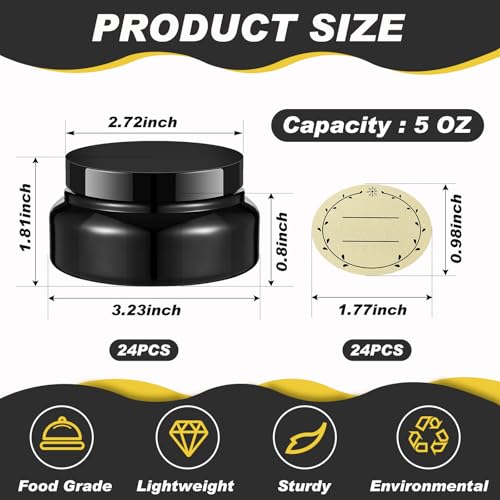 Plastic Cosmetic Jars with Lids and Labels, 8 oz, Black - Pack of 24