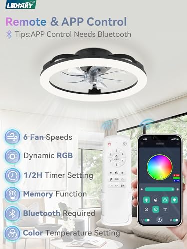LEDIARY 20 Inch Black RGB Ceiling Fan with Lights & Remote, Dimmable Modern Flush Mount