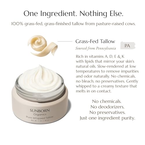Sunborn Organics Unscented Whipped Tallow Face Moisturizer 1oz - Pure Grass-Fed, Fragrance-Free for Dry & Sensitive Skin