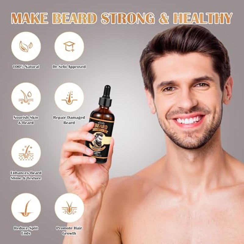 Beard Growth Oil for Men, 100% Natural Beard Oil with Argan Oil, Jojoba Oil, Castor Oil - 3.38 FL/100ML Fresh Fragrance Beard Conditioner Softens, Nourishes,Strengthens, Promotes Beard Growth