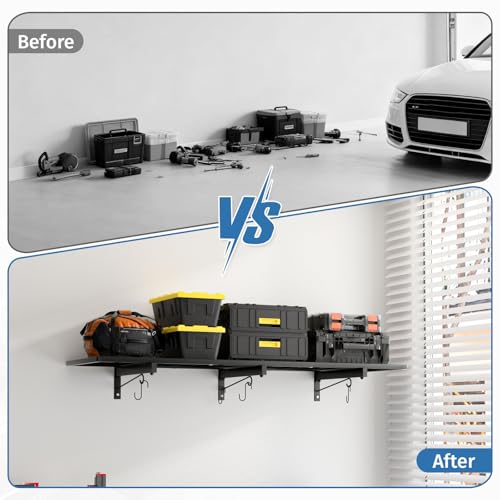 Garage Wall Shelving 46x12.5 Inches with Hooks - Heavy Duty Storage Rack - Black Metal Wall Organizer - Variation 2