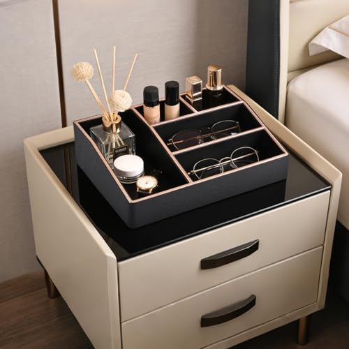 Large Black PU Leather Makeup Organizer Tray with 5 Compartments - Vanity Storage