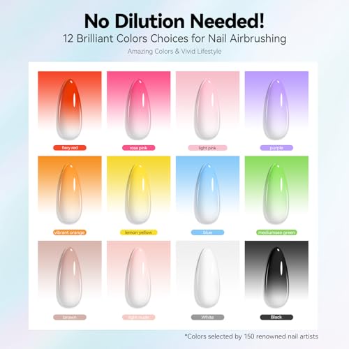 vrenmol 12PCS Airbrush Gel Nail Polish Hema-Free: No Need Dilution Airbrush Gel Nail Polish 12 Bright Colors Airbrush for Nails Paint Stencils Patterns Gradients Ombre French Nails Manicure Pedicure