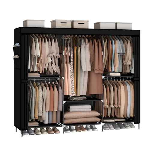 83-Inch Portable Wardrobe Closet with Dust Cover, 5 Hanging Rods & 6 Shelves, Black