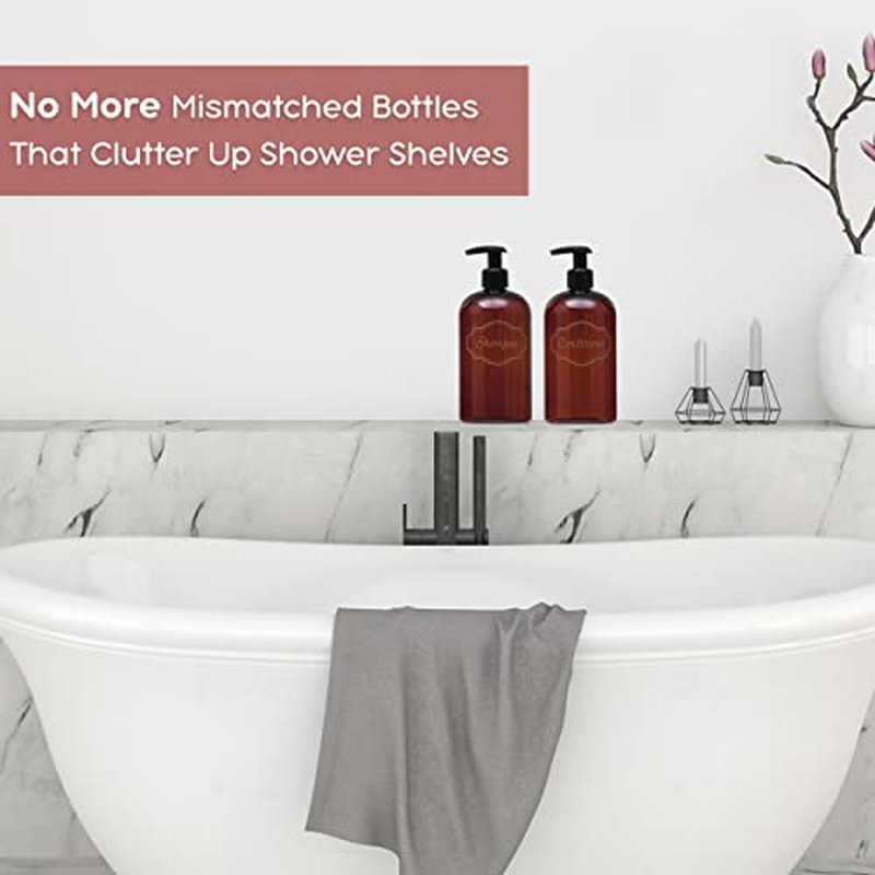 Bottiful Home-16 oz Shampoo and Conditioner Refillable Empty Plastic Pump Bottle Dispenser Set (Amber)