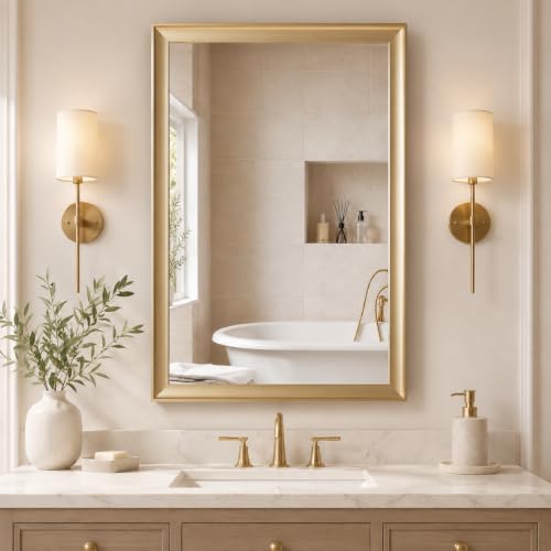 Gold Bathroom Mirror 24x36 Inch Rectangular Vanity Mirror - Brushed Gold Frame, Vertical & Horizontal Mounting