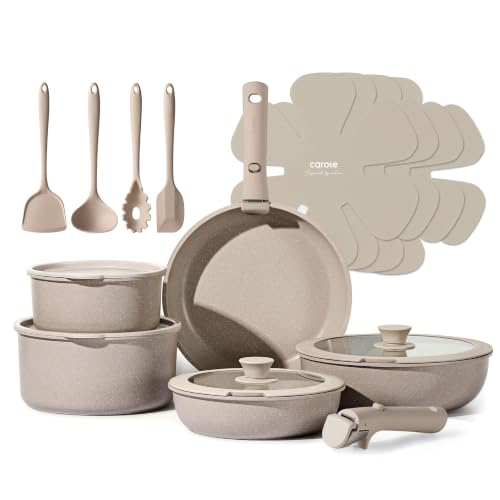 Non-Stick Cookware Set with Detachable Handles, 19 Pieces - Taupe