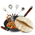 36cm Pre-Seasoned Cast Iron Wok with Wooden Lid & 4 Spatulas - Nonstick Stir-Fry Pan