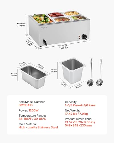 Commercial Food Warmer 24QT with 1/3 & 1/6 Pan Variations - Stainless Steel Steam Table for Catering