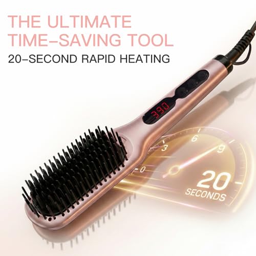 Pink Gold Hair Straightener Brush with Ionic Ceramic Heating, Anti-Scald, Auto Shutoff, Dual Voltage