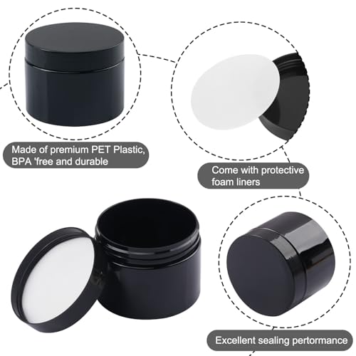 35 Pack 10 oz Black Plastic Jars with Black Lids - Wide Mouth Cosmetic Containers