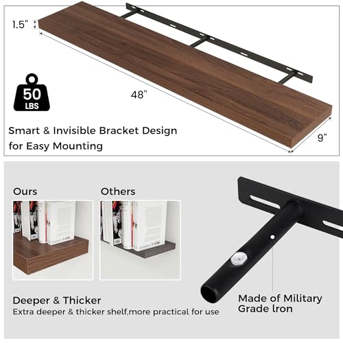 48-Inch Walnut Floating Wall Shelves Set - Modern Rustic Storage, 2-Pack