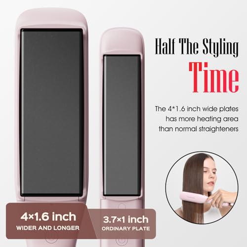 LENA 1.6 Inch Pink Wide Titanium Flat Iron with 12 Temp Settings & LED Display