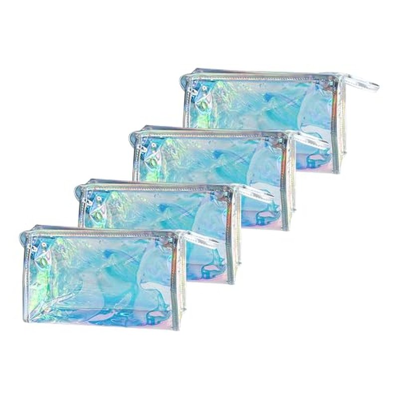 4 Pcs Holographic Makeup Bags Bulk, Small Iridescent Pouch Portable Toiletry Cosmetic Bag with Zipper, Travel Makeup Brush Holder Organizer Bag case (Blue)