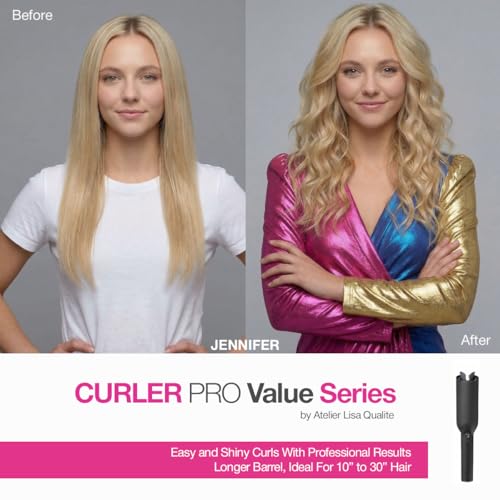 Atelier Lisa Qualite Automatic Curling Iron with Long Barrel - Beach Wave & Ringlet Styling, 1 1/4 Inch