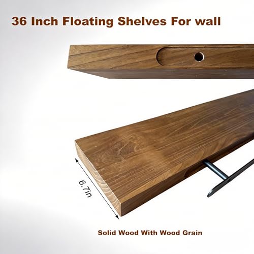 Walnut Floating Shelves Set of 2 - 36 Inch Wall Shelves with LED Light, Rustic Modern Design