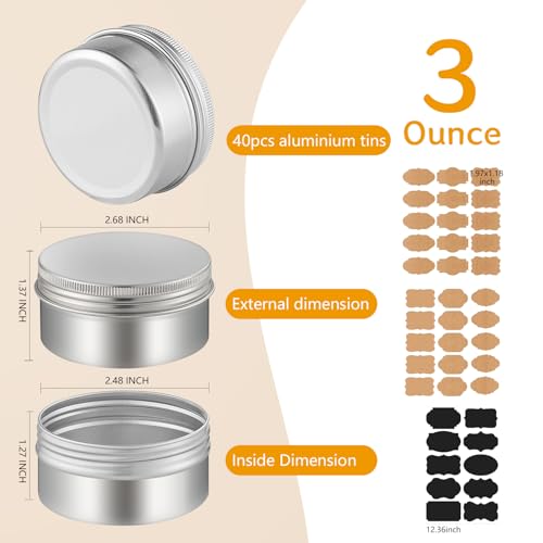 Silver 3 oz Tin Salve Containers - 40 Pack Refillable Aluminum Jars with Lids & Labels