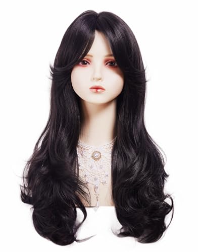 Natural Black Wavy Costume Wig for Women with Bangs & Layered Style - Halloween & Daily Wear